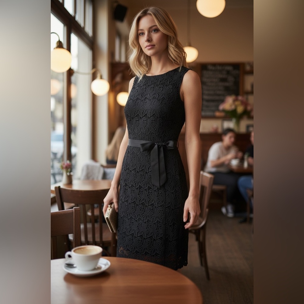 Talbots Black Lace Sheath Dress with Waist Tie